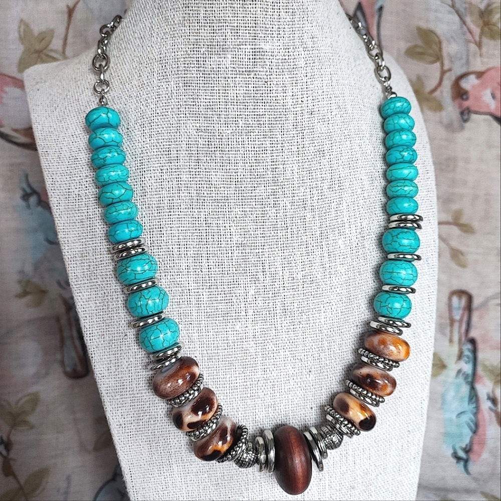Dyed Howlite Turquoise Color Wooden Silver Tone Ceramic Animal Print Necklace